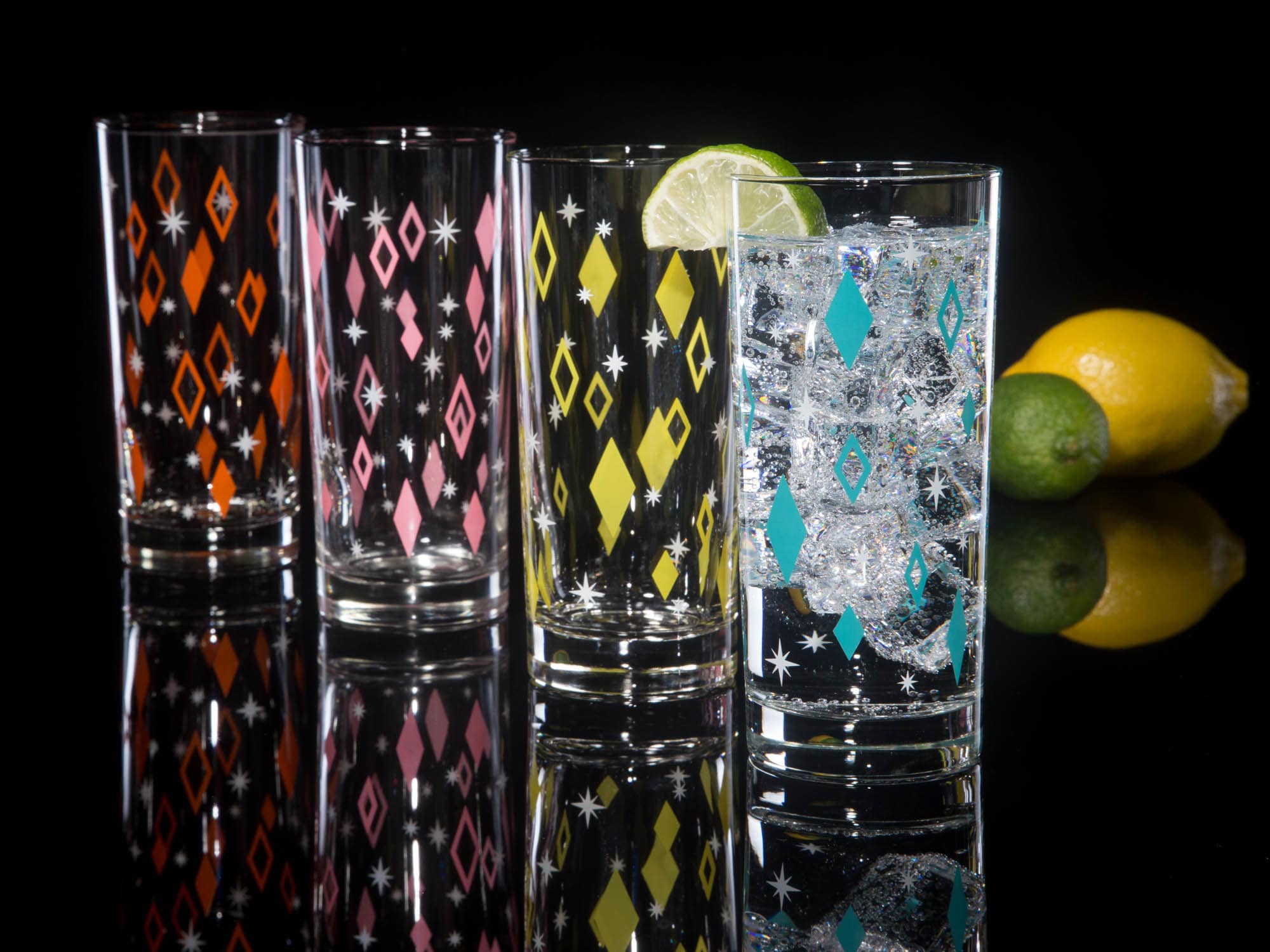 4-Color Diner Diamonds Collins Glasses Set
